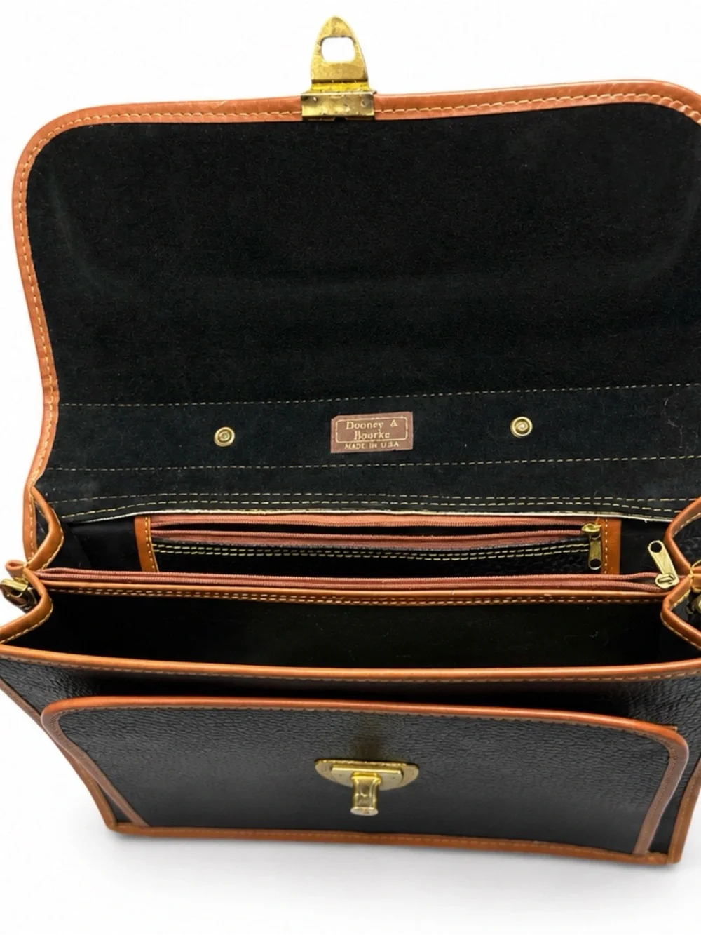 Vintage Dooney & Bourke AWL Leather Briefcase Attaché Bag Black Tan USA